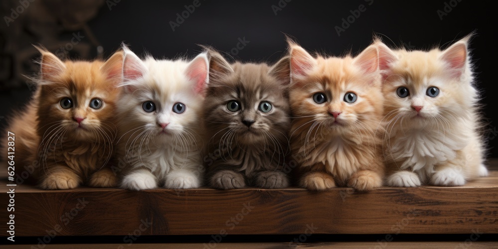 A group of kittens sitting on top of a wooden table. Cute symmetrical panoramic banner.
