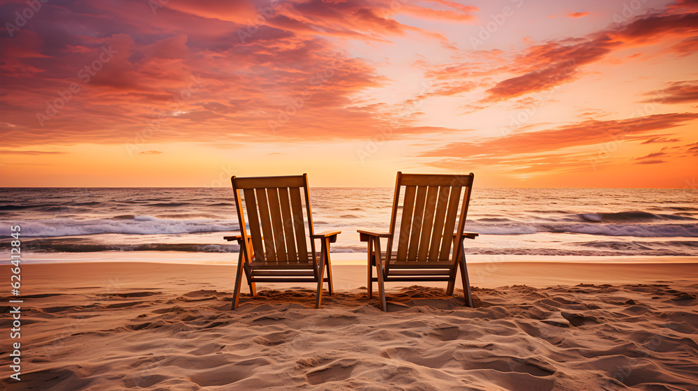 A couple of lounge chairs on a deserted beach at sunset. Generative AI