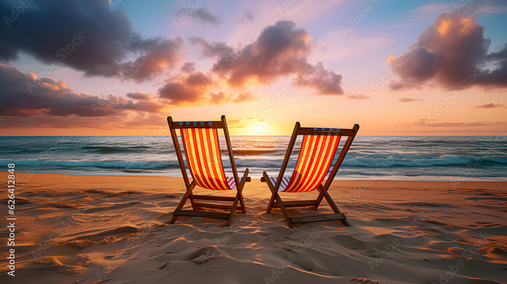 A couple of lounge chairs on a deserted beach at sunset. Generative AI