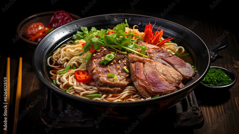 Ramen Asian noodles in a bowl with meat and vegetables or seafood. Generative AI