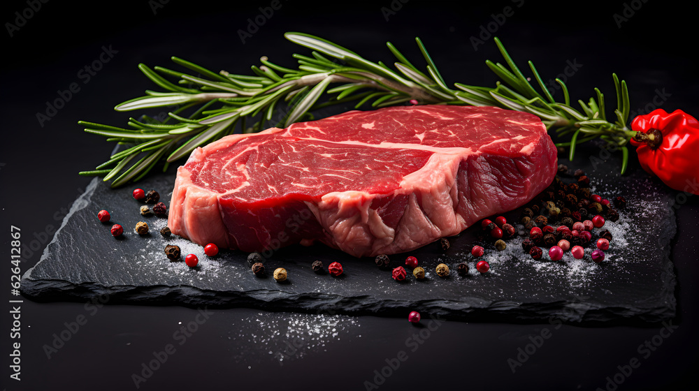 Raw steak meat on a dark surface. Dark background. Generative AI