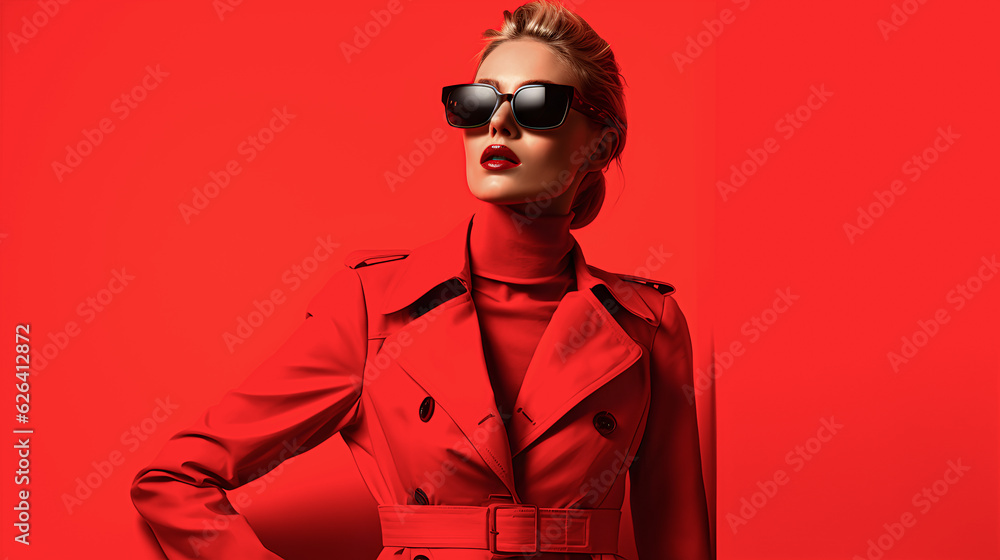Photo of a girl in red clothes on a red background. Sale concept. Generative AI Photo of a girl in red clothes on a red background. Sale concept. Generative AI
