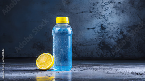 Sporty blue bottle with clear liquid, sports drink on gray concrete background. Generative AI photo