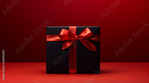 Photo of a black gift box with a red ribbon on a red background. Generative AI