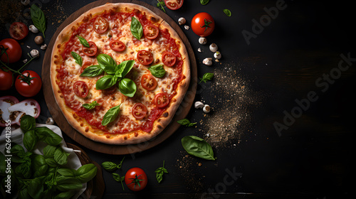 Photo Pizza (Margarita) on chalkboard with space for copying. Generative AI