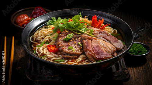 Ramen Asian noodles in a bowl with meat and vegetables or seafood. Generative AI