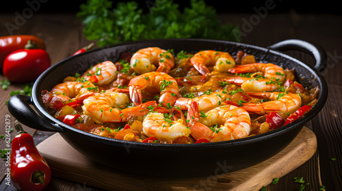 Traditional Spanish garlic shrimp, usually cooked in olive oil. Generative AI