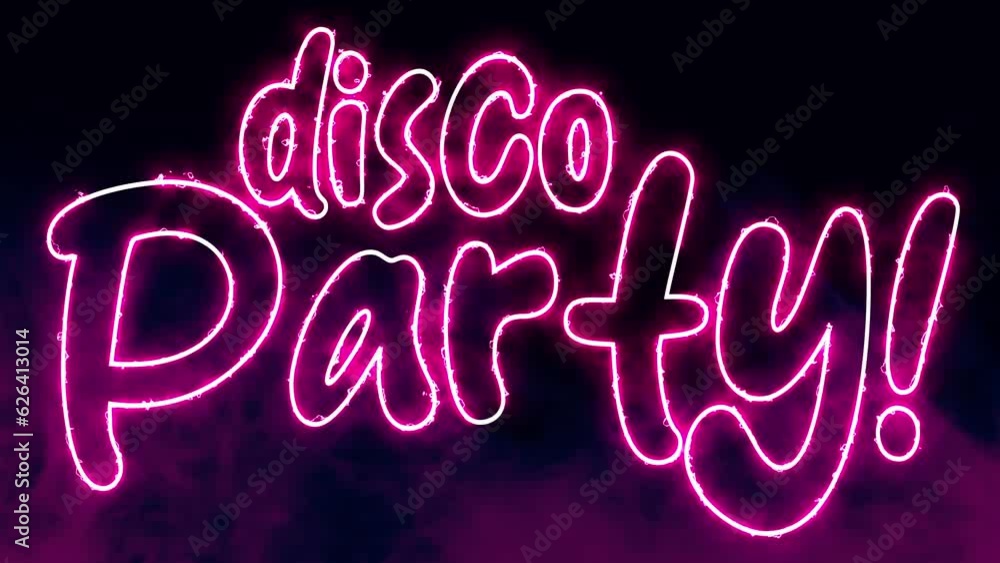Disco Party text font with light. Luminous and shimmering haze inside the letters of the text Disco Party. Disco Party text font with light. Luminous and shimmering haze inside the letters of the text Disco Party.