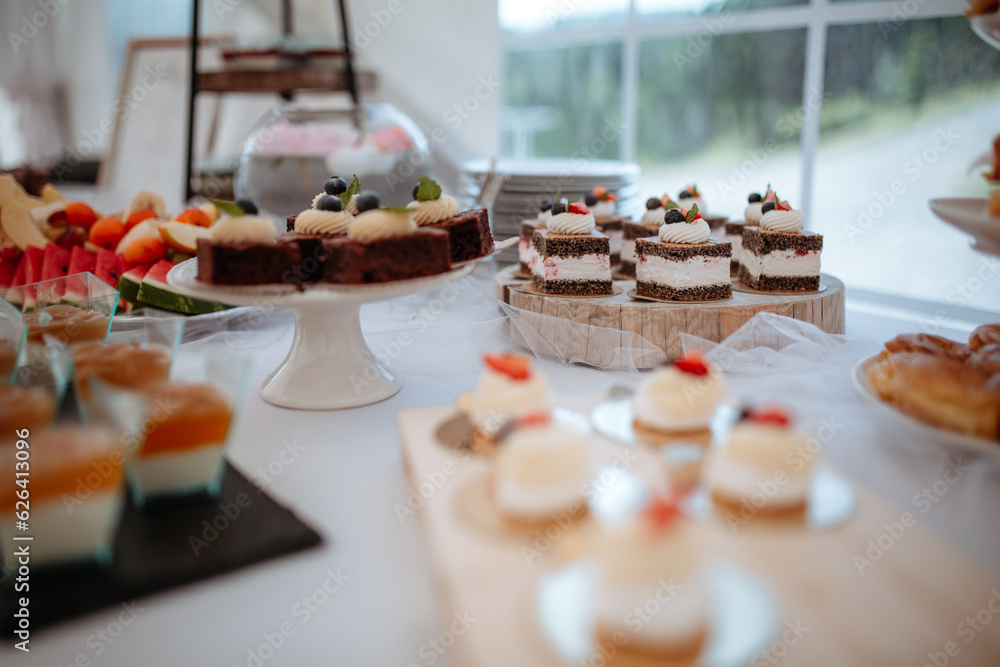 Naklejka premium Different pieces of desserts in luxury wedding catering