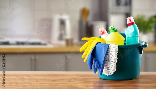 Canvastavla Bucket with cleaning items on wooden table and blurry modern kitchen background