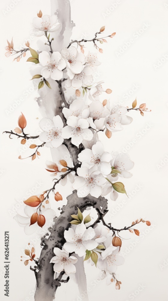 A oriental painting of a tree with white flowers.