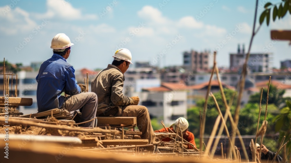 A couple of men sitting on top of a building. Asian construction workers. A couple of men sitting on top of a building. Asian construction workers.