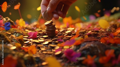 Huge amount of golden coins with a hand, treasure, investmets, savings, wealth growth