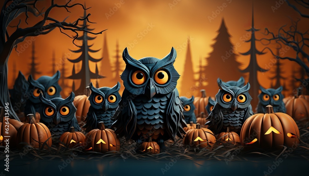 Fototapeta premium 3D illustration of Halloween theme banner with group of Jack O Lantern pumpkin and paper graphic style of spooky tree and owl on background