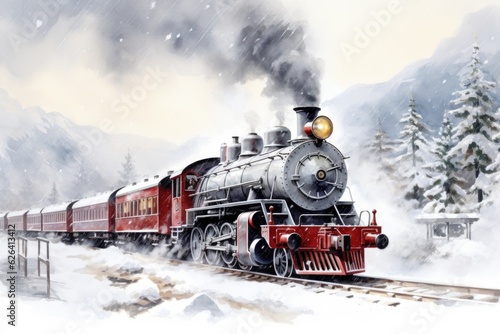 A painting of a train traveling through the snow. Christmas steam train.