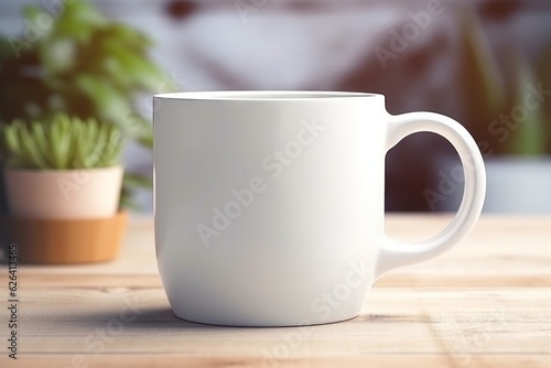 Coffee Mug Mockup with Succulents Background on Light Wooden Table