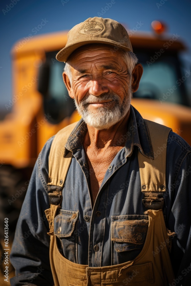 A man in overalls standing in front of a tractor. Portrait of a farmer. A man in overalls standing in front of a tractor. Portrait of a farmer.