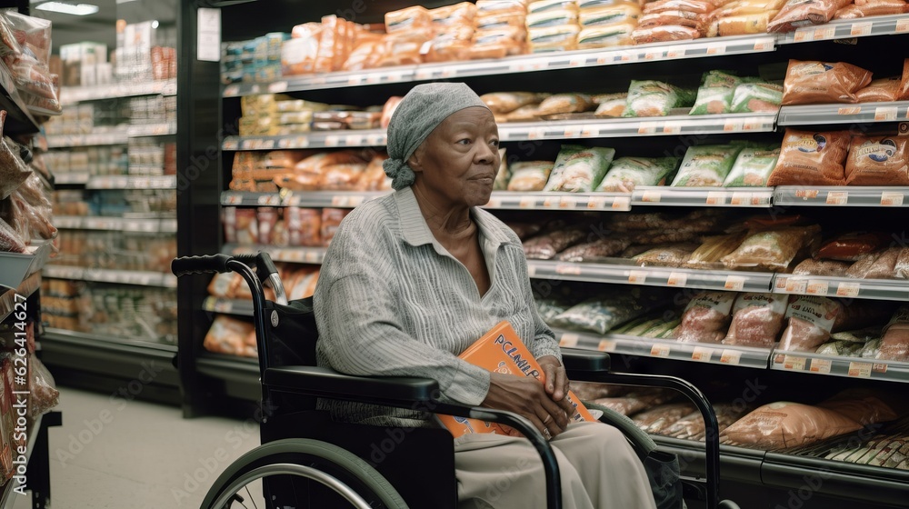 Obraz premium A disabled person in a wheelchair out shopping, Generative AI. 