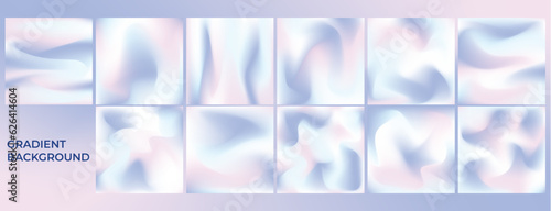 Collection of Blue Pink Mesh Gradient Fluid Design. Holographic Liquid Metal 3D Shape Design. Dynamic Fluid Background Covered by Holographic Template Design