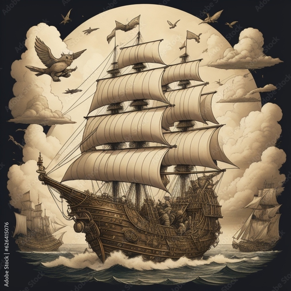 "Steampunk Sky Pirates: Adventurous Fantasy Illustration" - obrazy, fototapety, plakaty 