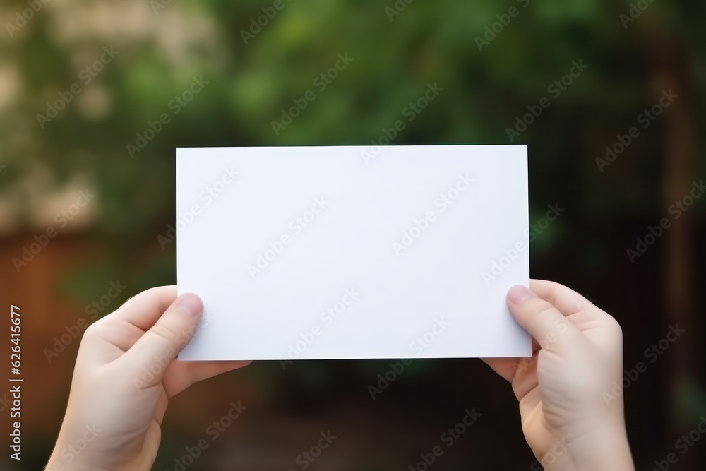Kid's Hands Holding Blank Horizontal White Card Mockup with Nature Background, Empty Paper Template, Perfect for Invitations, Greetings Product Presentation. Generative AI Kid's Hands Holding Blank Horizontal White Card Mockup with Nature Background, Empty Paper Template, Perfect for Invitations, Greetings Product Presentation. Generative AI
