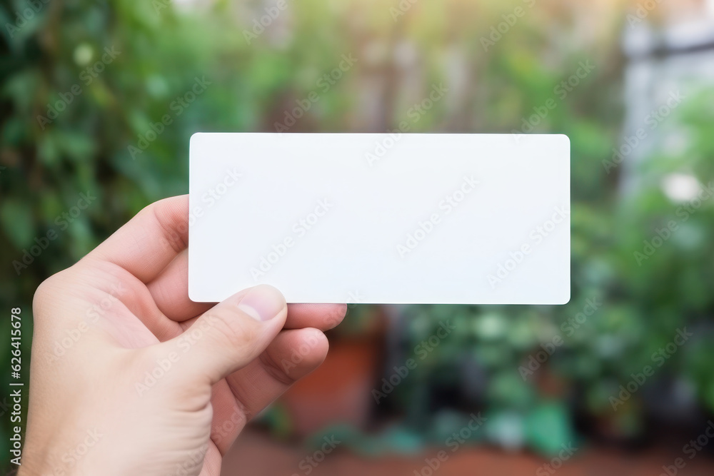 Hand Holding Blank Horizontal White Card Mockup with Nature Background, Empty Paper Poster Template, Perfect for Invitations, Greetings Product Presentation. Generative AI Hand Holding Blank Horizontal White Card Mockup with Nature Background, Empty Paper Poster Template, Perfect for Invitations, Greetings Product Presentation. Generative AI