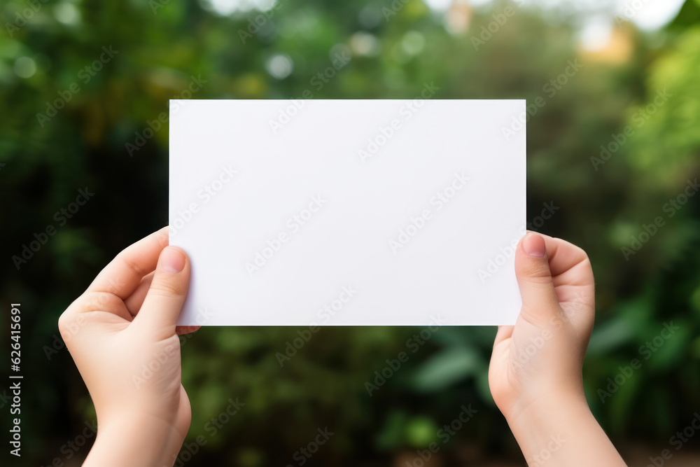 Hands Holding Blank Horizontal White Card Mockup with Nature Background, Empty Paper Poster Template, Perfect for Invitations, Greetings Product Presentation. Generative AI Hands Holding Blank Horizontal White Card Mockup with Nature Background, Empty Paper Poster Template, Perfect for Invitations, Greetings Product Presentation. Generative AI