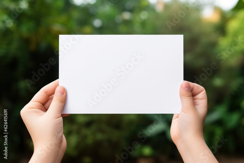 Hands Holding Blank Horizontal White Card Mockup with Nature Background, Empty Paper Poster Template, Perfect for Invitations, Greetings Product Presentation. Generative AI