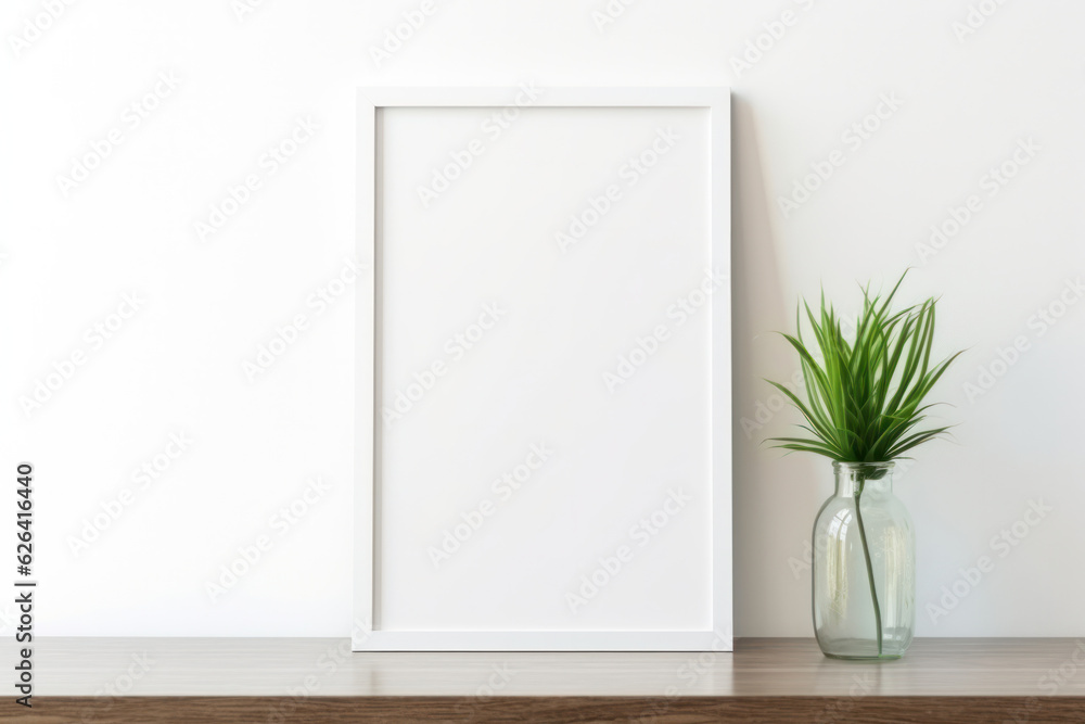 Close up Blank Vertical White Framed Poster Mockup on Wooden Desk, Modern Minimalist Interior Design Style, Cozy Decoration. Generative AI Close up Blank Vertical White Framed Poster Mockup on Wooden Desk, Modern Minimalist Interior Design Style, Cozy Decoration. Generative AI