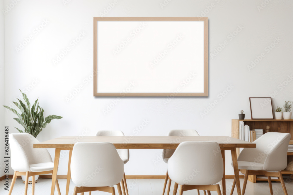 Large Blank Horizontal White Framed Poster Mockup on Dining Room Wall, Modern Minimalist Interior Design Style, Cozy Decoration. Generative AI Large Blank Horizontal White Framed Poster Mockup on Dining Room Wall, Modern Minimalist Interior Design Style, Cozy Decoration. Generative AI