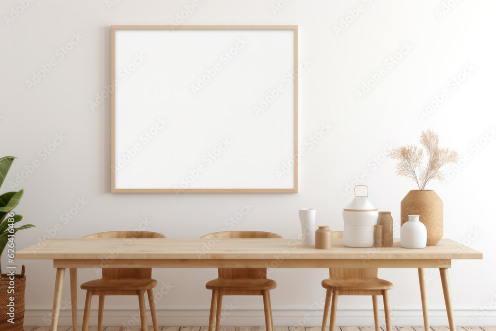 Fototapeta premium Large Blank Horizontal White Framed Poster Mockup on Dining Room Wall, Modern Minimalist Interior Design Style, Cozy Decoration. Generative AI