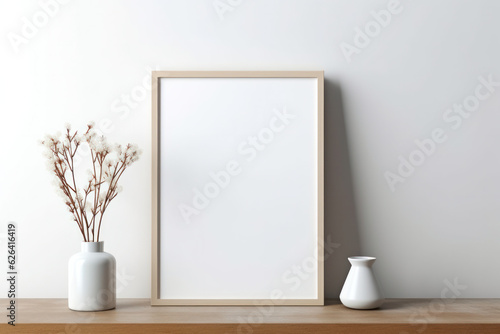 Close up Blank Vertical White Framed Poster Mockup on Wooden Desk, Modern Minimalist Interior Design Style, Cozy Decoration. Generative AI