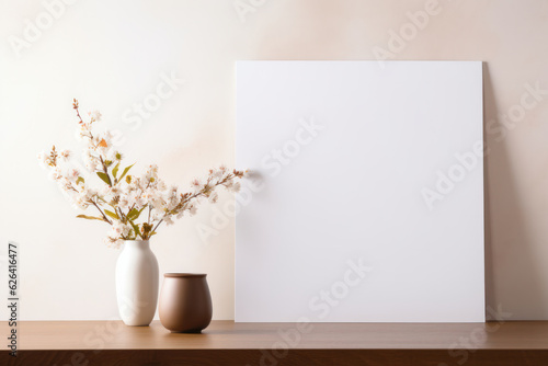 Close up Blank Square White Framed Poster Mockup on Wooden Desk, Modern Minimalist Interior Design Style, Cozy Decoration. Generative AI