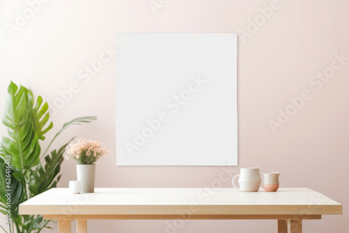 Large Blank Square White Framed Poster Mockup on Dining Room Wall, Modern Minimalist Interior Design Style, Cozy Decoration. Generative AI