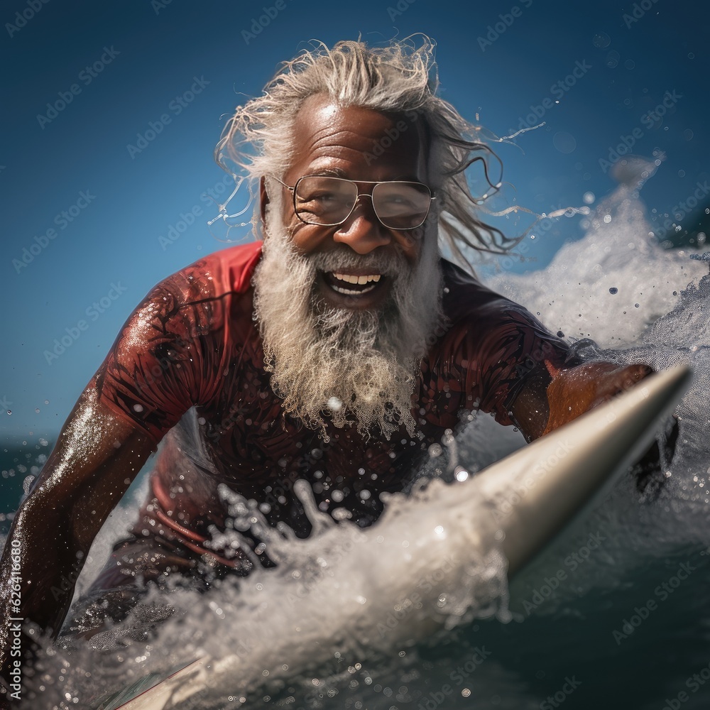 An elderly African American is surfing. Active holidays at sea. Generative AI