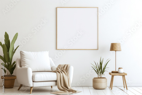 Large Blank Square White Framed Poster Mockup on Living Room Wall, Modern Minimalist Interior Design Style, Cozy Decoration. Generative AI