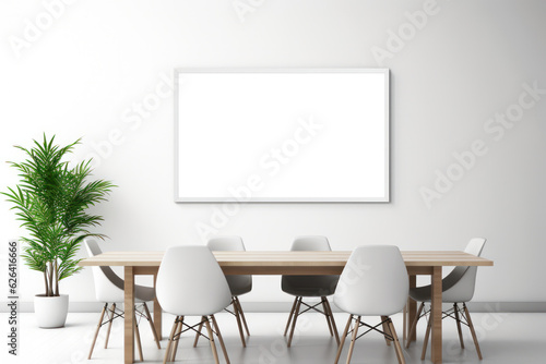 Large Blank Horizontal White Framed Poster Mockup on Office Meeting Room Wall, Modern Minimalist Interior Design Style, Cozy Decoration. Generative AI © BussarinK
