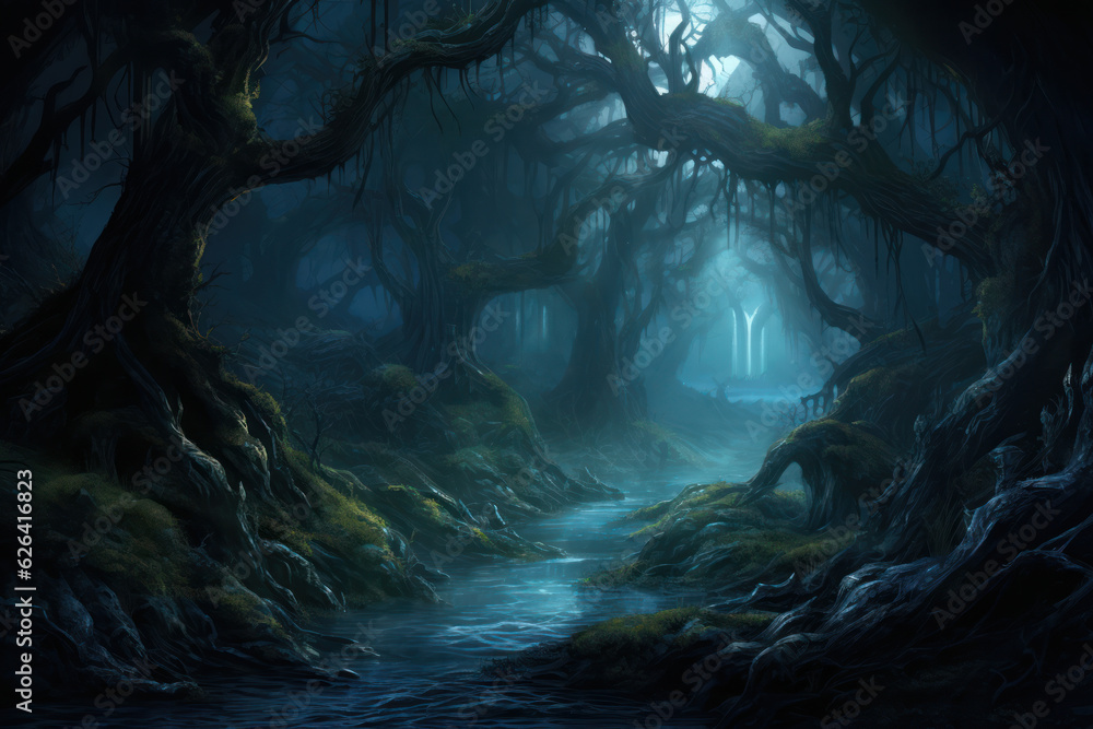 Mysterious Foggy Haunted Forest Halloween Background, Spooky and Eerie Atmosphere in the Moonlit Night. Generative AI