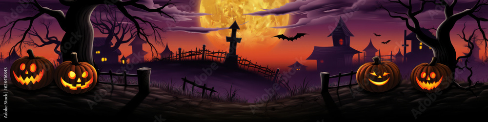 Spooky Halloween Background with Pumpkin, Bats, and Full Moon, Creepy Haunted Halloween Night Celebration in Darkness. Generative AI