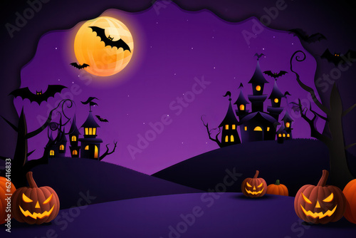 Spooky Halloween Background with Pumpkin  Bats  and Full Moon  Creepy Haunted Halloween Night Celebration in Darkness. Generative AI