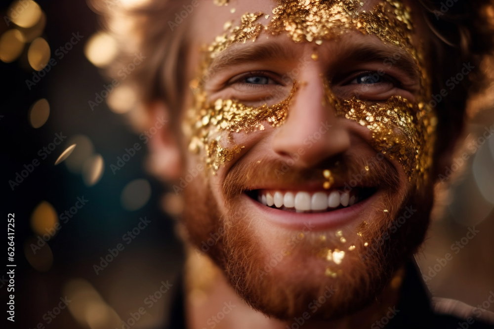 Radiant Smile: Redhead Male with Festive Glitter, Fashionably Bokeh, Generative AI