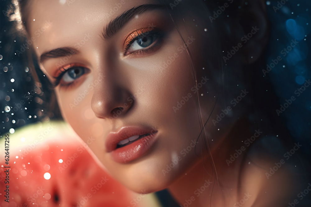 Serene Summer: Graceful Female with Watermelon Whimsy, Generative AI Serene Summer: Graceful Female with Watermelon Whimsy, Generative AI