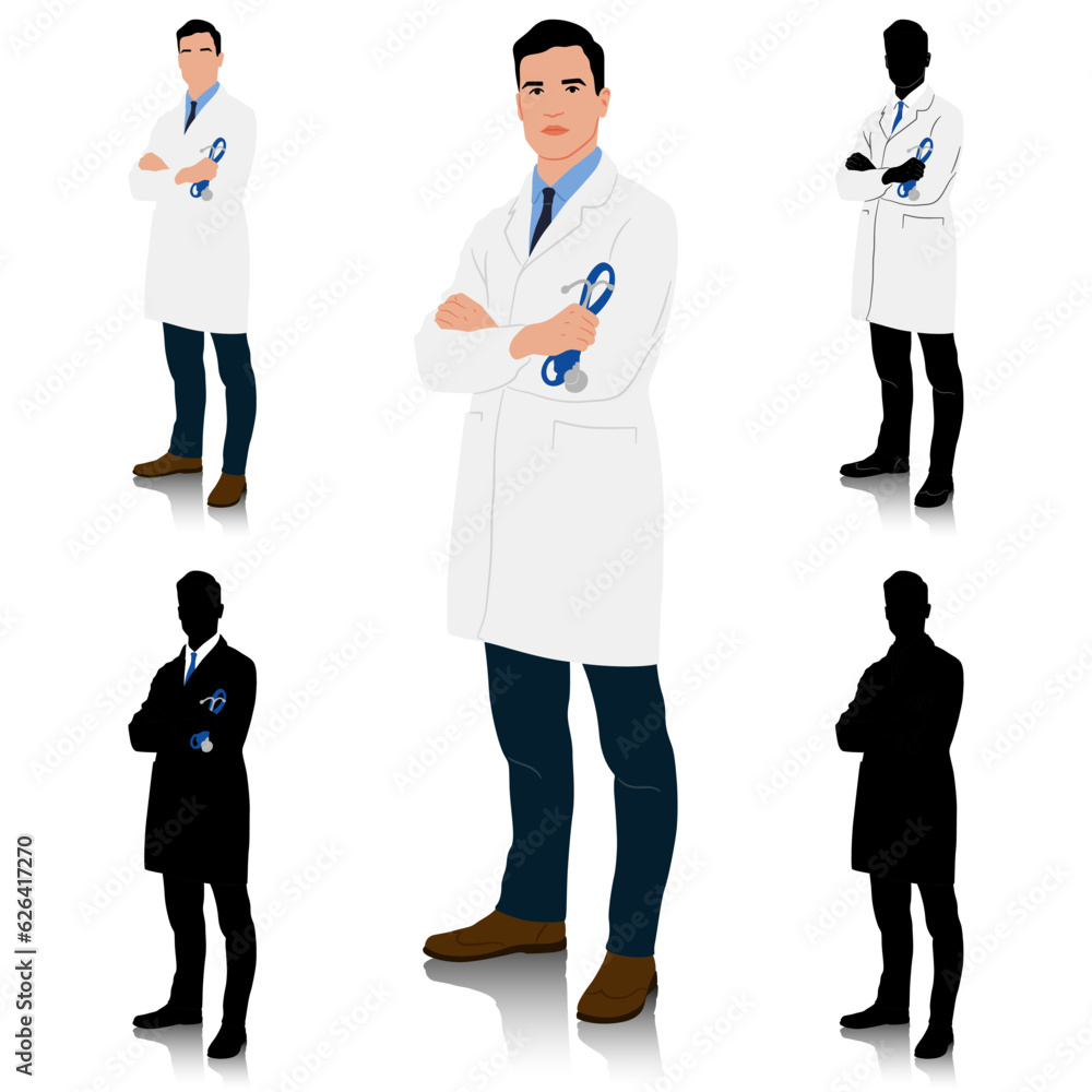 A doctor in a white coat is holding a stethoscope in hand. Hand-drawn vector illustration set isolated on white A doctor in a white coat is holding a stethoscope in hand. Hand-drawn vector illustration set isolated on white