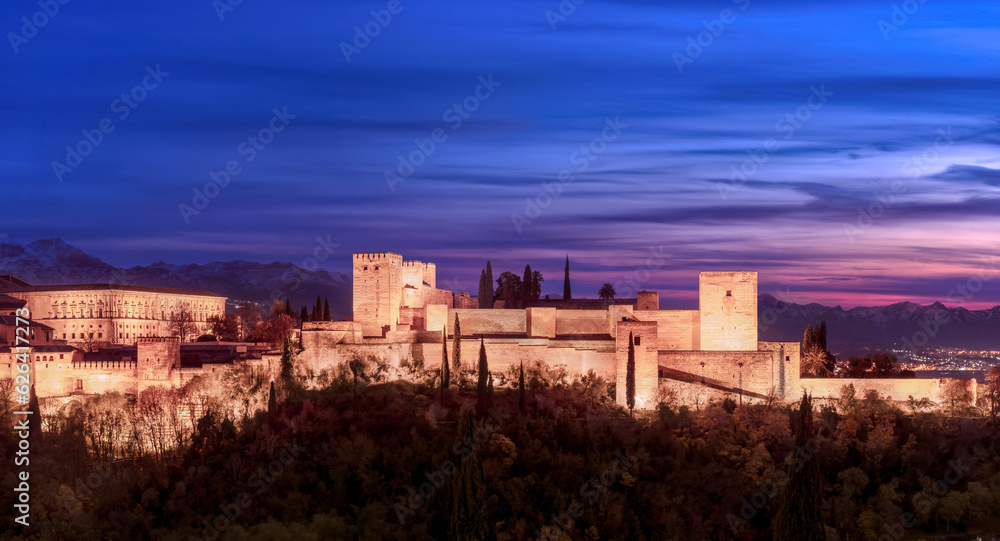 Panorama view of Alhambra Palace at twilight in Granada, Spain - Europe landmark
