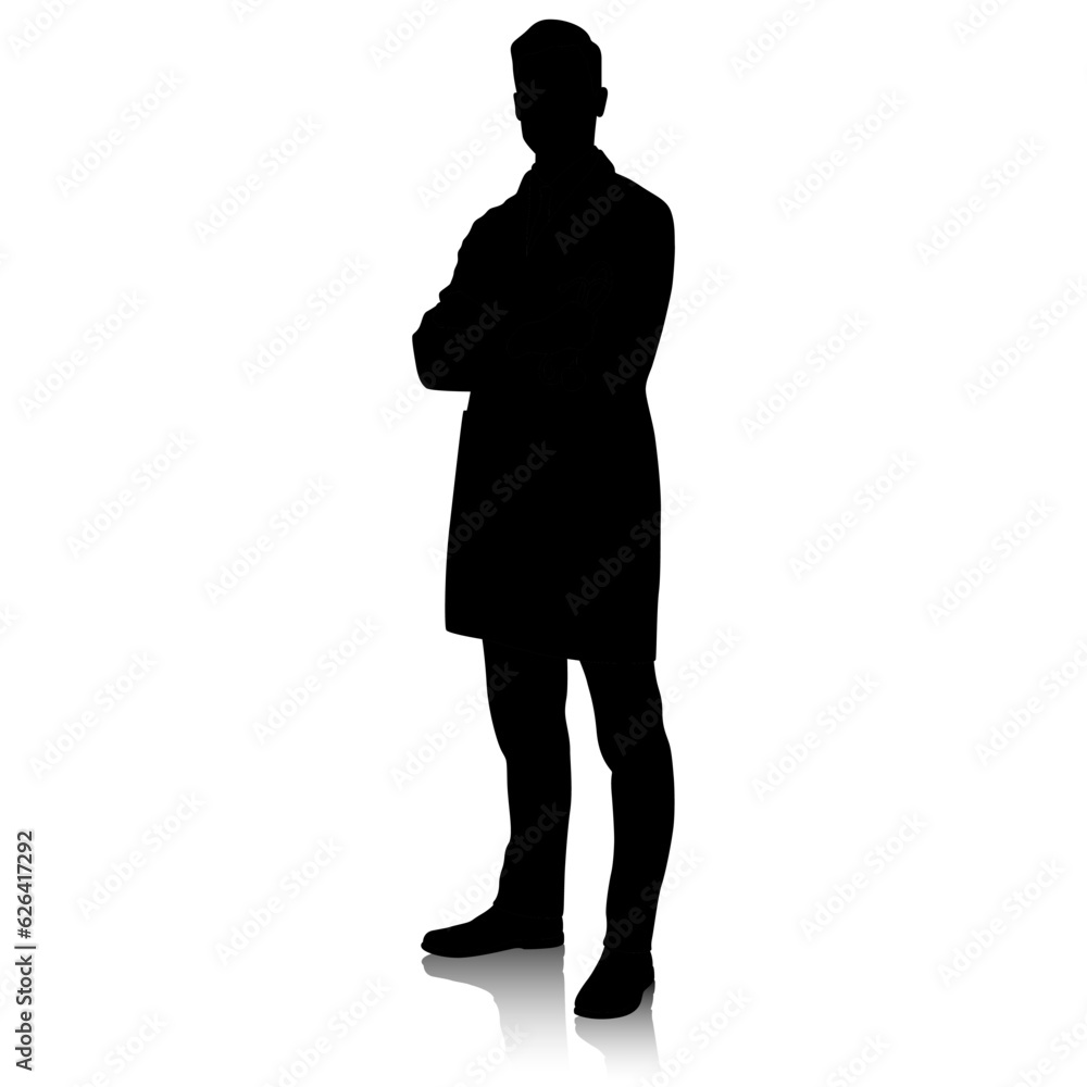 Silhouette of a doctor in a white coat is holding a stethoscope in hand. Hand-drawn vector illustration set isolated on white