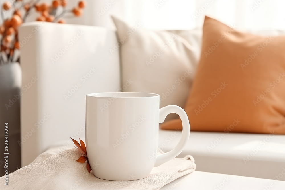 Minimalist Blank White Ceramic Mug Mockup on Cozy Background, Empty Coffee Mug. Generative AI Minimalist Blank White Ceramic Mug Mockup on Cozy Background, Empty Coffee Mug. Generative AI