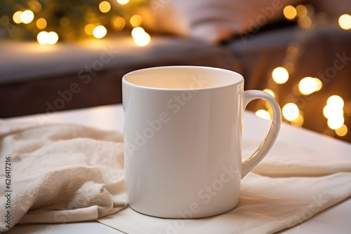 Minimalist Blank White Ceramic Mug Mockup on Cozy Background, Empty Coffee Mug. Generative AI