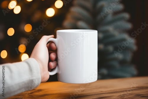 Woman Hand Holding Minimalist Blank White Ceramic Mug Mockup with Cozy Christmas Background, Empty Coffee Mug. Generative AI