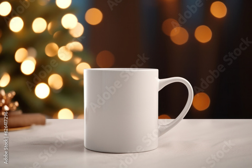Minimalist Blank White Ceramic Mug Mockup on Cozy Christmas Background  Empty Coffee Mug. Generative AI