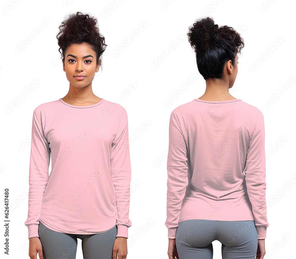 Woman wearing a pink T-shirt with long sleeves. Front and back view Woman wearing a pink T-shirt with long sleeves. Front and back view